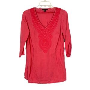 Tommy Bahama 100% Linen XS Pink Embroidered V-Neck 3/4 Sleeve Lightweight Top